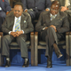 Gabon's President Omar Bongo (L) sits beside Zimbabwe's President Robert Mugabe during the opening ceremony of the Africa-France summit in Bamako, Mali December 3, 2005. French President Jacques Chirac told African leaders on Saturday that rich nations must find more innovative ways to fund development in the world's poorest continent and pledged that France would champion their cause.
